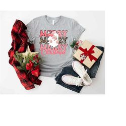 Merry Christmas Shirt,Retro Xmas Tee,Pink Santa Shirt,Leopard Christmas Shirt,Christmas Gift For Her,Funny Christmas,Ret