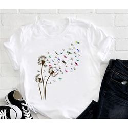 Gragonfly Dandelion Flower T-Shirt, Dragonfly Lover T-Shirt, Graphic Dandelion Shirt, Animals Shirt,  Women Gift Idea Sh