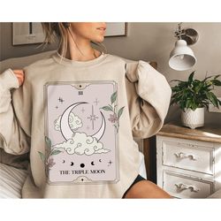The Triple Moon Tarot Card Sweatshirt, Witchy Clothing, Triple Goddess Sweatshirt, Celestial Moon Phase Top, Mystical Mo