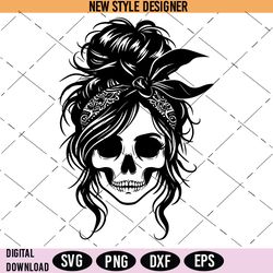 Messy Bun Girl Skull Svg Png, Mom Bun Hair face Svg, Skeleton Svg, Skull Svg, Mom Bun Svg, Instant Download