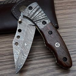 Handmade damascus steel folding pocket knife with leather sheath  hunting Christmas gift birthday gift fathers gift