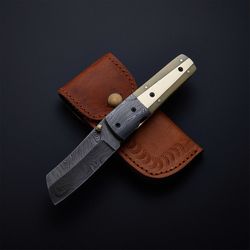 Handmade damascus steel folding pocket knife with leather sheath  hunting Christmas gift birthday gift fathers gift edc