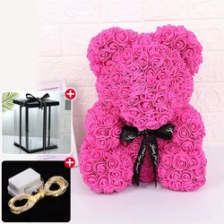 Wedding Rose Deep Pink Teddy Bear With Box For Women Valentines Girlfriend Birthday Gifts