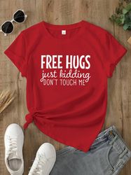 Free Hugs Print Red T-Shirt, Casual Crew Neck Short Sleeve Top For Spring & Summer, Women's Clothing L