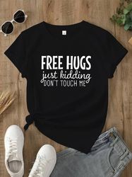 Free Hugs Print Black T-Shirt, Casual Crew Neck Short Sleeve Top For Spring & Summer, Women's Clothing L