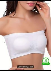 Women's Strapless Bandeau White Bra, Seamless With Removable Pads, Non-Slip Elastic Chest Wrap, Backless Bra M