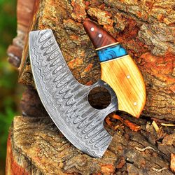 Personalized Damascus Chef Kitchen Ulu Knife Chef Knife Damascus Knife Cocobolo Wood & Olive Wood Resin With Leather She