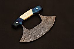 Handmade Damascus steel Chef Ulu Knife Pizza Cutter Knife with Bone and Blue wood Handle Also Come With Sheath