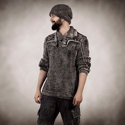 men's hand-knit cotton sweater with a slant collar.