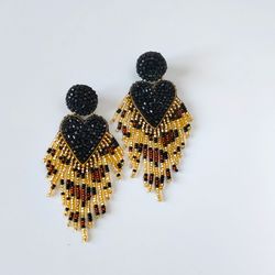 Heart earrings black, long earrings, leopard earrings, fringe earrings, women's stud earrings
