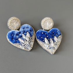Heart earrings, velvet earrings stud , women jewelry , beaded earrings