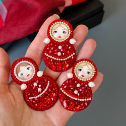 Red matryoshka brooch for women, brooch embroidered with beads