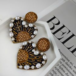 Heart earrings stud , sun earrings beaded embroidered , pearls earrings black golden