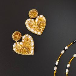 Heart earrings stud , sun earrings beaded embroidered , pearls earrings beige golden