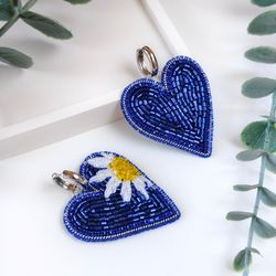 Heart earrings blue, congo earrings with pendants, beaded earrings flower , summer earrings
