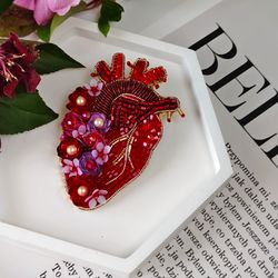 Beaded brooch anatomical heart , red heart brooch, gift for girlfriend