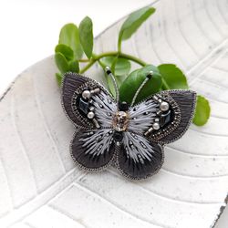 Butterfly brooch , insect brooch pin, insect jewelry, beaded embroidered jewelry, gray pin