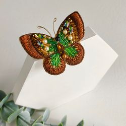 Butterfly brooch , insect brooch pin, insect jewelry, beaded embroidered jewelry, brown green brooch