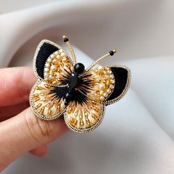 Butterfly brooch, insect jewelry, beaded brooch brown beige for women