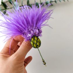 Flower brooch, thistle brooch with feathers, statement brooch pin, lilac brooch