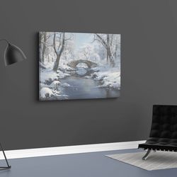"Winter Serenity: Bridge by the Frozen Stream" - Digital Wall Art for Home and Office Decor