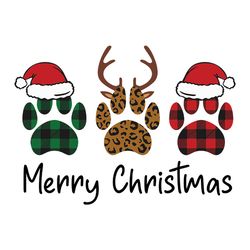 Merry Christmas Dog Paws Svg, Plaid Leopard Paw Svg, Merry Xmas Three dog paws wear Santa Hat Reindeer Svg