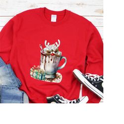 Christmas Coffee Reindeer Shirt,Cute Christmas Sweatshirt,Coffee Lover tee,Christmas Coffee Sweatshirt,Womens Holiday sw