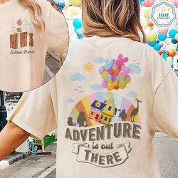 two-sided disney pixar up house balloons adventure is out there shirt, disney up characters carl ellie russell dug dog,