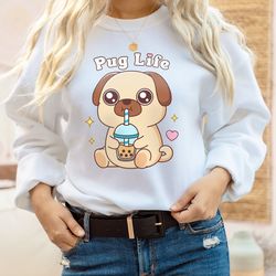 boba tea pug sweatshirt | bubble tea sweater | cute kawaii sweater | anime sweater | kawaii pug lover gift | oversized s