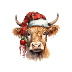 Christmas Highland Cow Clipart PNG, Santa Hat, Farm Animals, Poinsettia. Sublimation Png  Christmas Highland Cow Clipart