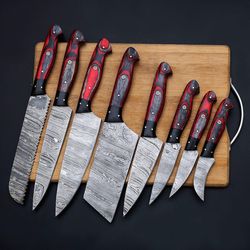 handmade damascus chef set of 8pcs with leather cover,kitchen knives set,personalized gift,kitchen knife set,damascus kn