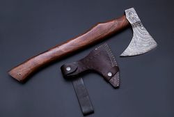 Damascus Axe | Custom Handmade Damascus Steel Axe | Rose wood Handle and Leather Sheath Included | Gift for her. Gift fo