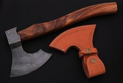 Custom Handmade Beautiful Damascus Steel Axe Handle Rosewood with Leather
