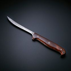 Custom Handmade Damascus Steel Fillet/Fishing Knife Handle Rosewood With Leather Sheath
