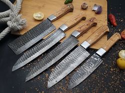 Custom Handmade Damascus Steel 5pc Chef/Kitchen Knife Set - Olive Wood Handle