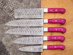 Handmade Damascus 5pc pink chef kitchen knife set with leather roll bag