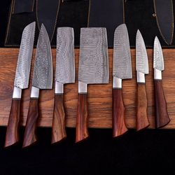 handmade damascus chef knife set of 7 pieces with beautiful leather roll