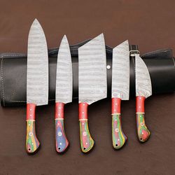 handmade damascus chef set with leather | damascus knife |damascus chef knife