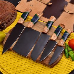Custom Handmade D2 Steel Powder Coated Blade  Chef Set With Leather Sheath