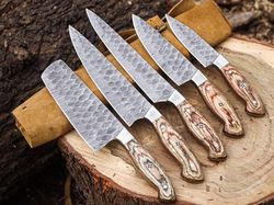 5Pcs, Chef knife set, Handmade knives, Hand Forged knife, kitchen knife set, Paring knife, Leather Roll Kit