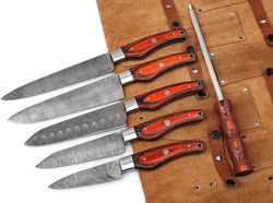 Custom Handmade Damascus Steel Professional Kitchen/Chef Set Come With Leather Roll kit