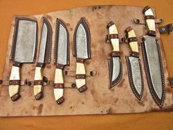 7 piece Custom Handmade Damascus Steel Beautiful Chef set Kitchen Knife Set With Leather Cover