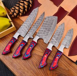 Handmade Damascus Chef Knife Set of 5Pcs With Brown Pakka Wood and Brass