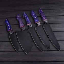 Handmade Carbon Steel Kitchen Set With 2 Varity Colors and Free Leather Cover // SET OF 5Materials High Carbon Steel