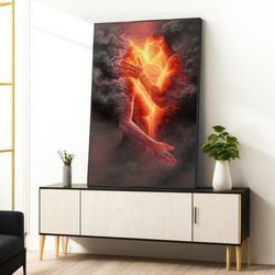 fire couple canvas wall art, love couples hugging canvas painting, fire canvas print, water canvas painting, framed canv