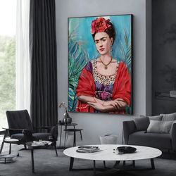 Frida Kahlo Beauty With Red Cape, Frida Kahlo Wall Art, Frida Kahlo Canvas, Frida Poster, Wall Art Canvas Design,Framed
