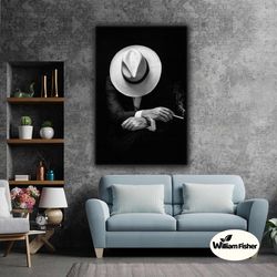 Smoking Man In Black Suit With White Hat Roll Up Canvas, Stretched Canvas Art, Framed Wall Art Painting