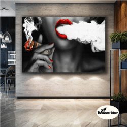 Smoking Red Lipstick Woman Smoke Dollar Decorative Modern Roll Up Canvas, Stretched Canvas Art, Framed Wall Art Painting