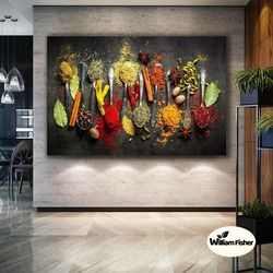 Spices On Metal Spoon Kitchen Cafe Restaurant Decor Roll Up Canvas, Stretched Canvas Art, Framed Wall Art Painting