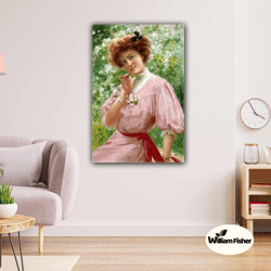 woman in the garden with oil painting effects forest modern art red belted roll up canvas, stretched canvas art, framed